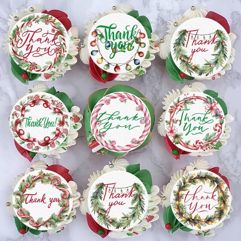 Fyeoxle 36PCS Edible Christmas Thank You Cupcake Toppers Wafer Paper Holly Jolly Candy Cupcake Toppers Thank You Cake Picks for Christmas Theme Party Baby Shower Birthday Supplies - Image 1